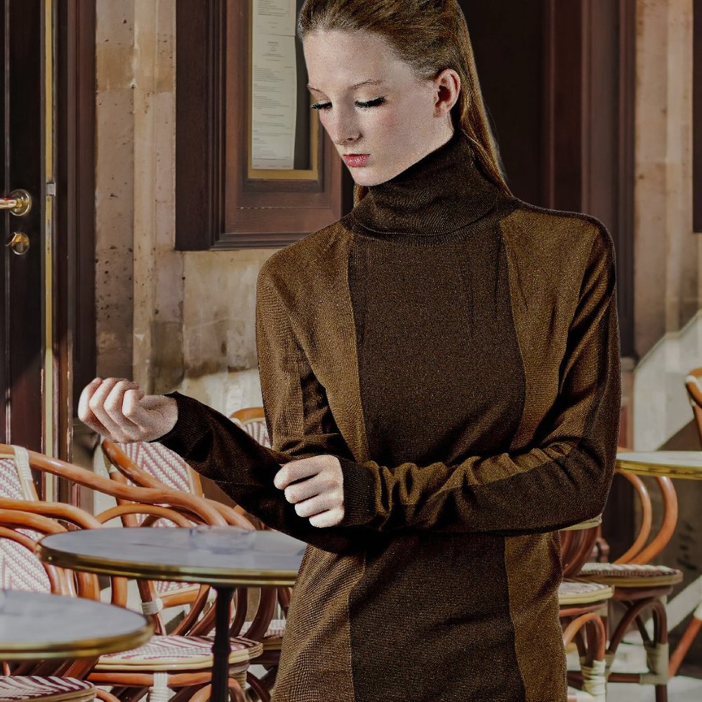Designer Brown Two Tone Long Turtleneck Sweater
